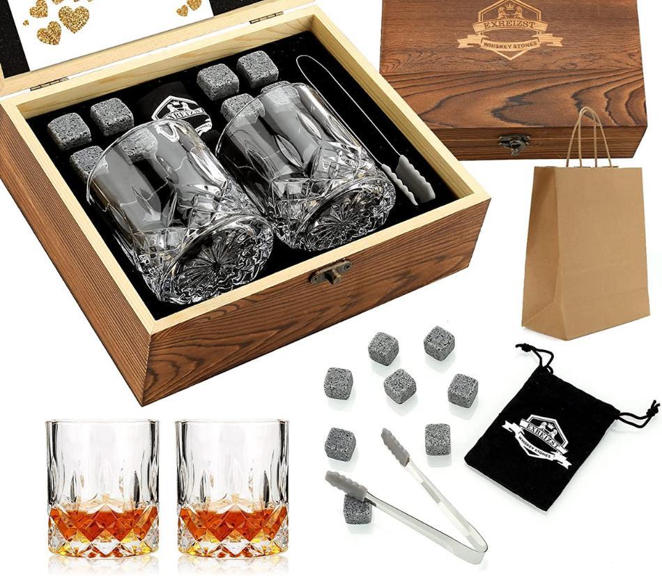 Scatola in legno fatta a mano con whisky set: 2 bicchieri con accessori
